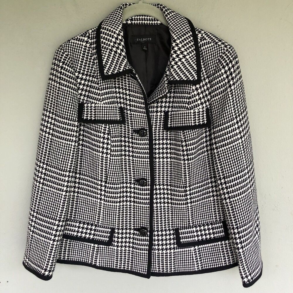 Talbots Wool Blend Houndstooth Blazer Jacket Women 12 Black White Career Preppy